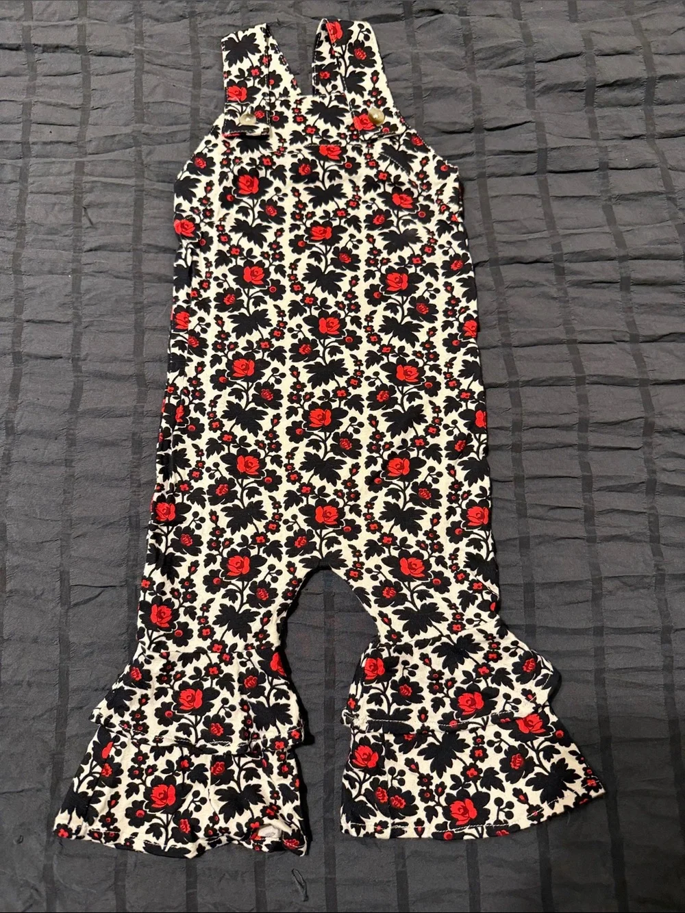 kate quinn Red & Black Floral Ruffle Overalls on Cream